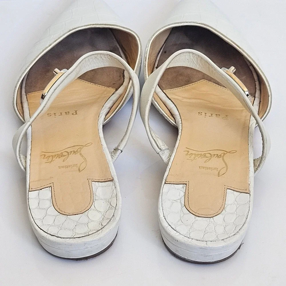 Christian Louboutin CHOC LOCK Croc Embossed Leather Flat Mules White‎ Sz 36